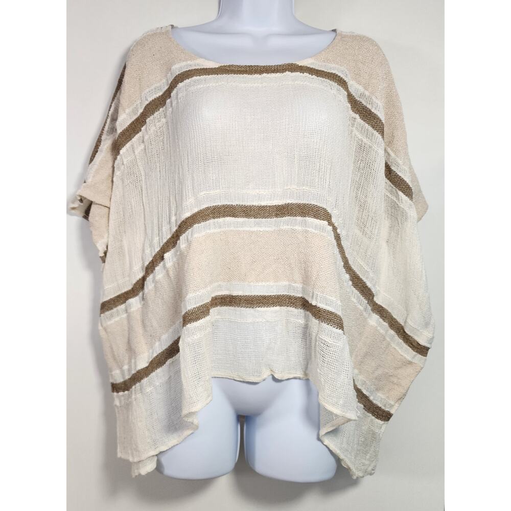 Chico's Striped Gauze Poncho Top Boho Coastal Beige S/M Relaxed‎